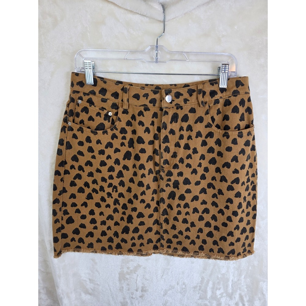 Entro Womens Brown Black Heart Print Denim Mini Skirt Raw Hem S14952 Size L